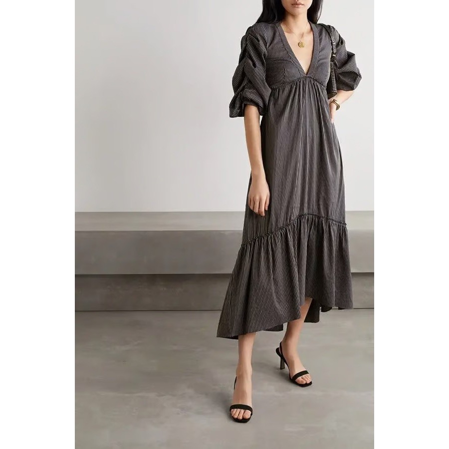 Nwt La Ligne Gitane Dress Xs Black Brown Gold Striped V Neck Midi Ruched Sleeve